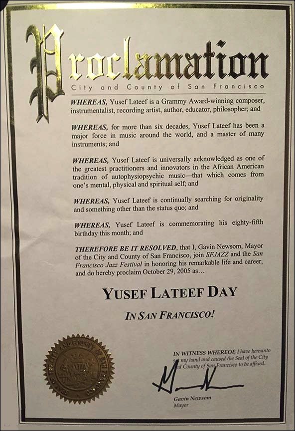 A proclamation from the city and county of San Francisco, CA declaring October 29, 2005 as "Yusef Lateef Day"