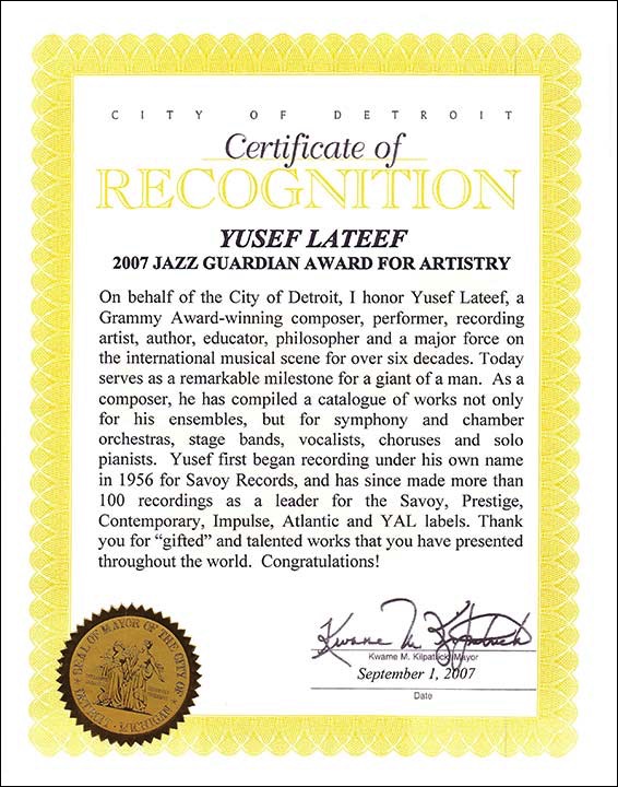 City of Detroit Jazz Guardian Award for Artistry presented to Yusef Lateef in 2007.
