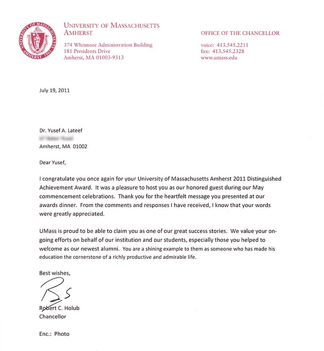 Letter of congratulations from UMass Chancellor to Yusef Lateef