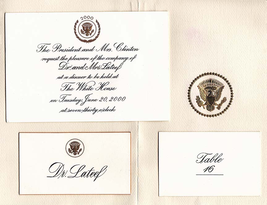 The invitation to Yusef Lateef for the White House State Dinner 